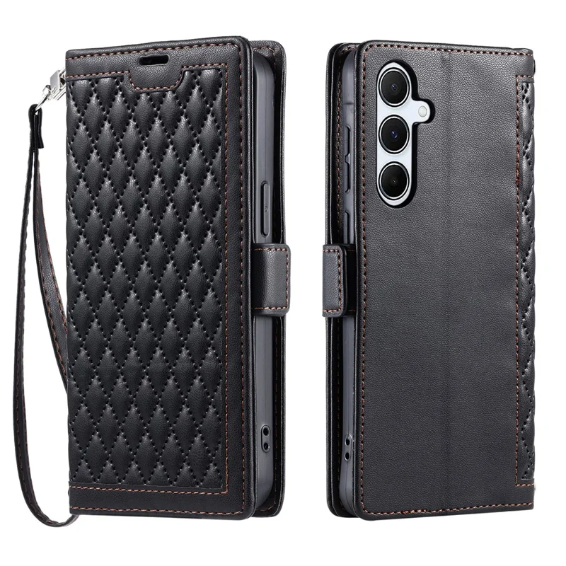 Étui en cuir pour Samsung Galaxy A17 avec texture losange, support portefeuille et dragonne - Noir
