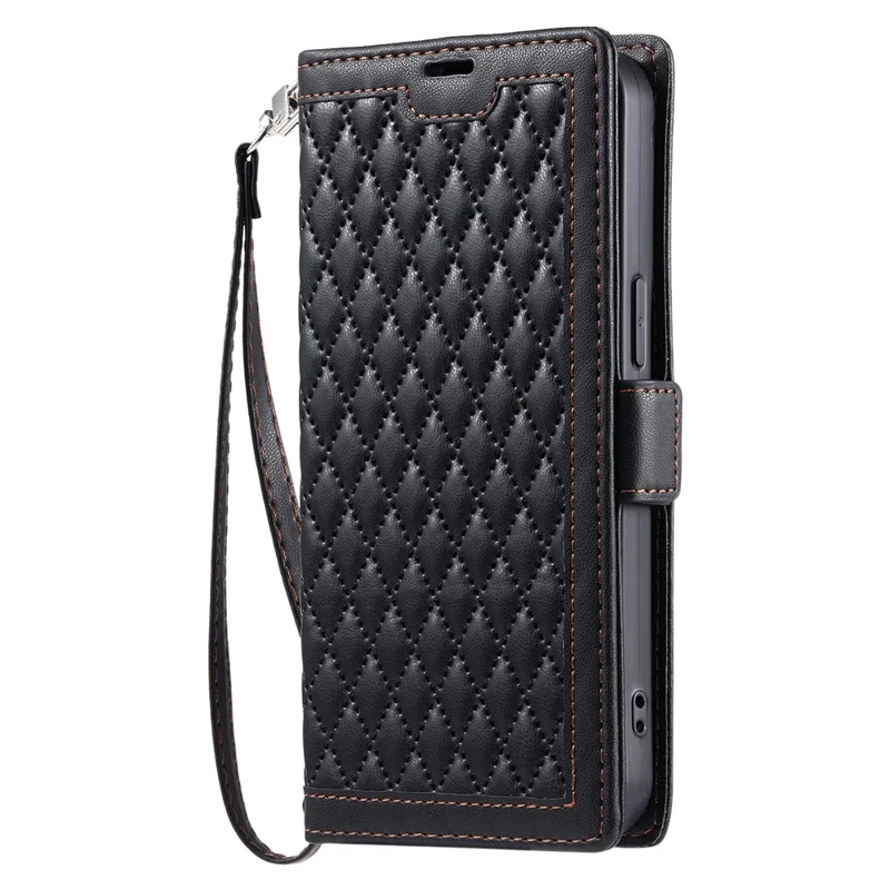 Étui en cuir pour Samsung Galaxy A17 avec texture losange, support portefeuille et dragonne - Noir