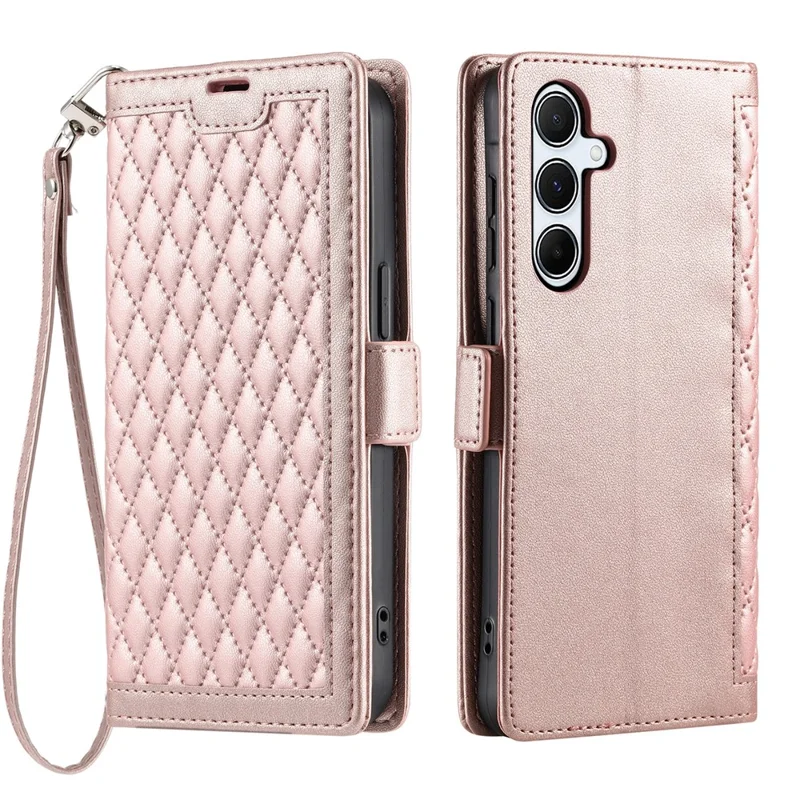 Funda de Cuero para Samsung Galaxy A17 con Textura de Rombos, Soporte de Cartera y Correa de Muñeca - Oro Rosa