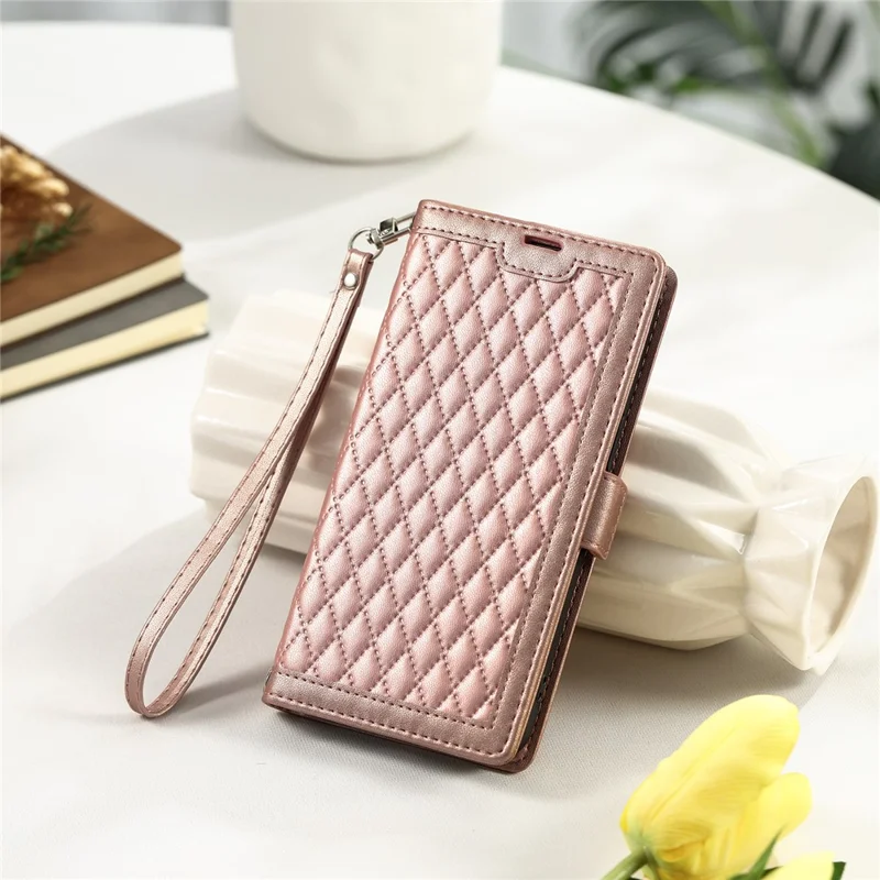 Funda de Cuero para Samsung Galaxy A17 con Textura de Rombos, Soporte de Cartera y Correa de Muñeca - Oro Rosa