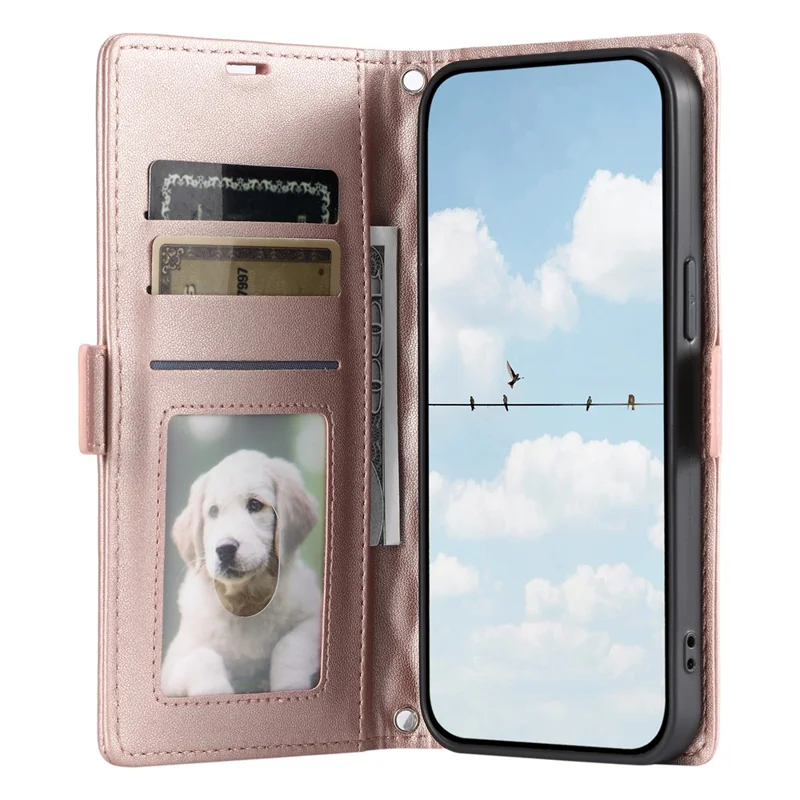 Funda de Cuero para Samsung Galaxy A17 con Textura de Rombos, Soporte de Cartera y Correa de Muñeca - Oro Rosa