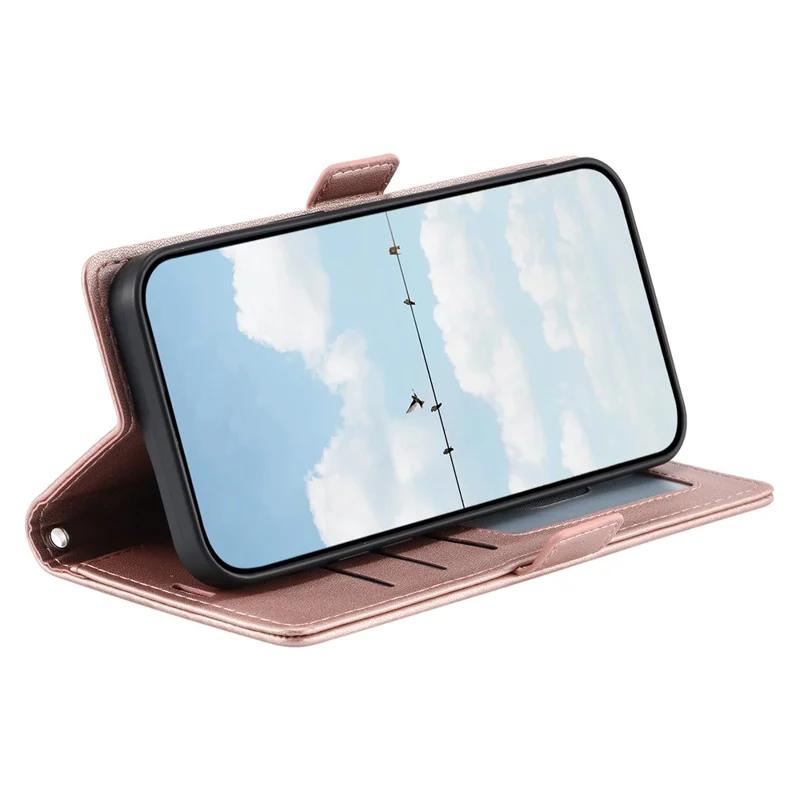 Funda de Cuero para Samsung Galaxy A17 con Textura de Rombos, Soporte de Cartera y Correa de Muñeca - Oro Rosa