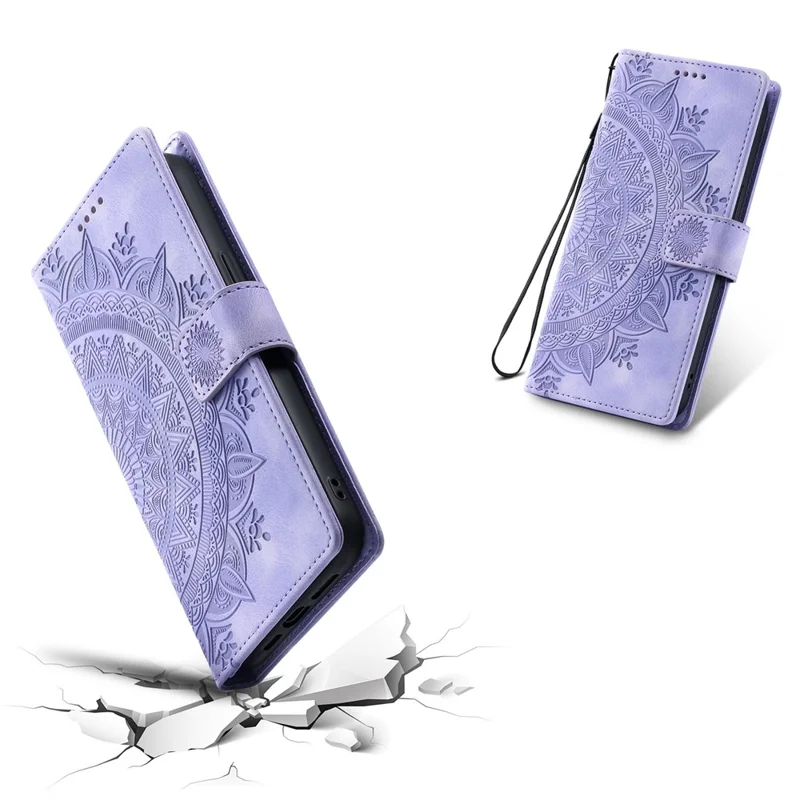 For Samsung Galaxy A17 5G / A26 5G Case Imprinted Totem Skin Feel Wallet Leather Phone Cover with Hand Strap - Purple