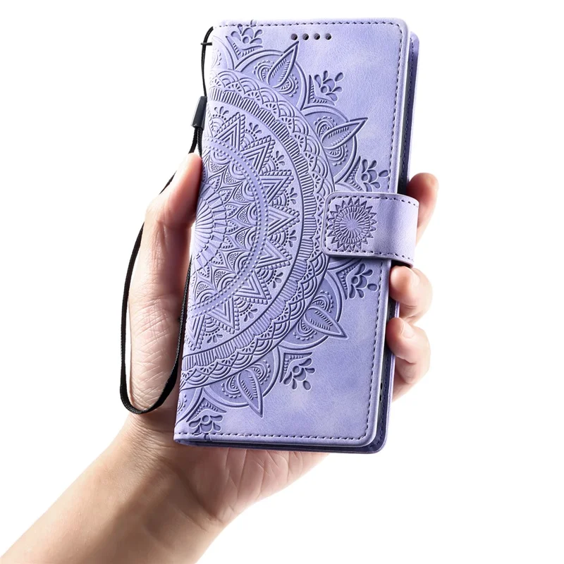 For Samsung Galaxy A17 5G / A26 5G Case Imprinted Totem Skin Feel Wallet Leather Phone Cover with Hand Strap - Purple