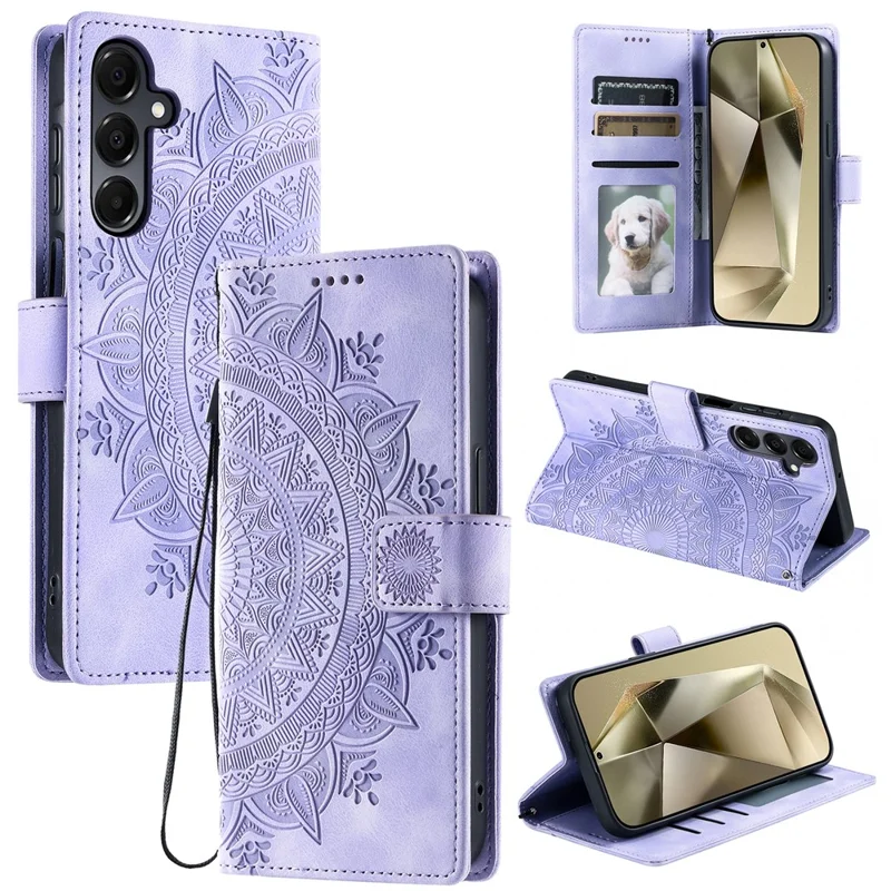 For Samsung Galaxy A17 5G / A26 5G Case Imprinted Totem Skin Feel Wallet Leather Phone Cover with Hand Strap - Purple