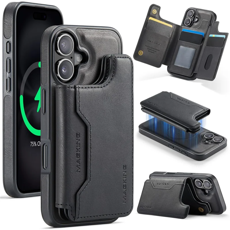 MAGKING K3 Serie Hülle für iPhone 16 kompatibel mit MagSafe Wallet PC + TPU + PU Handyhülle - Schwarz