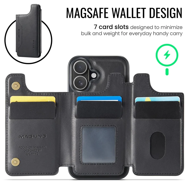 MAGKING K3 Serie Hülle für iPhone 16 kompatibel mit MagSafe Wallet PC + TPU + PU Handyhülle - Schwarz