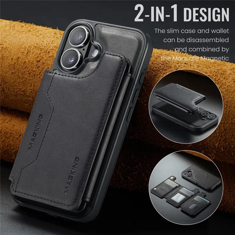 MAGKING K3 Serie Hülle für iPhone 16 kompatibel mit MagSafe Wallet PC + TPU + PU Handyhülle - Schwarz