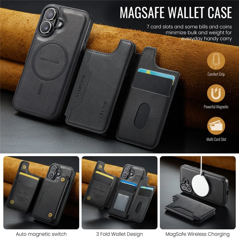 MAGKING K3 Serie Hülle für iPhone 16 kompatibel mit MagSafe Wallet PC + TPU + PU Handyhülle - Schwarz