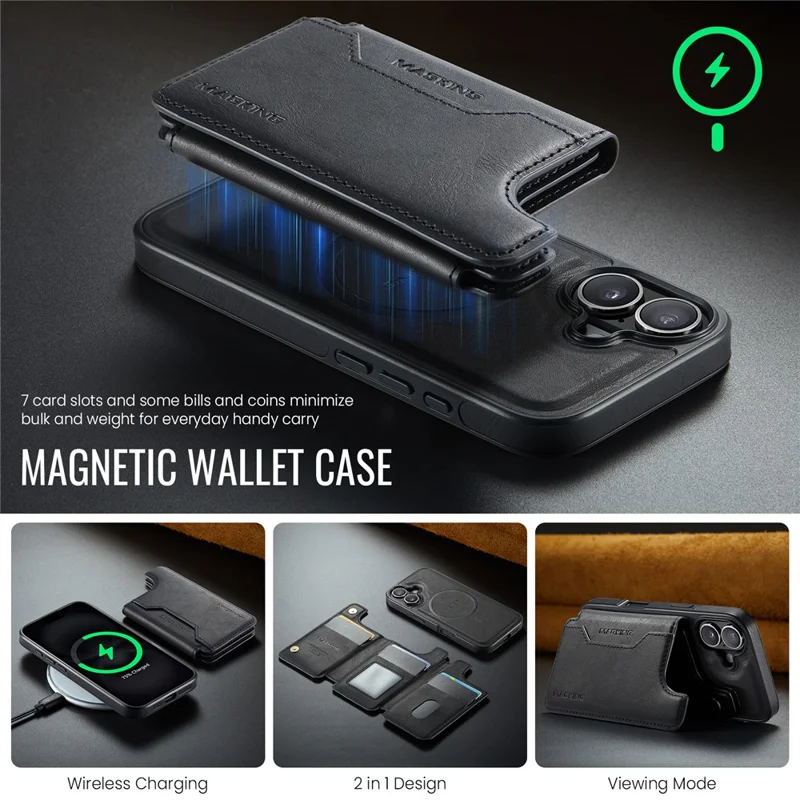 MAGKING K3 Serie Hülle für iPhone 16 kompatibel mit MagSafe Wallet PC + TPU + PU Handyhülle - Schwarz