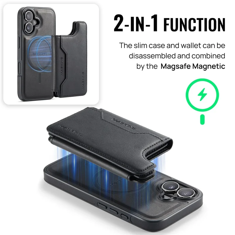 MAGKING K3 Serie Hülle für iPhone 16 kompatibel mit MagSafe Wallet PC + TPU + PU Handyhülle - Schwarz