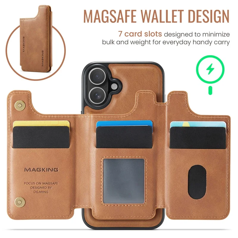 MAGKING K3 Serie Hülle für iPhone 16 Plus, kompatibel mit MagSafe Wallet, PC + TPU + PU Handyhülle - Braun
