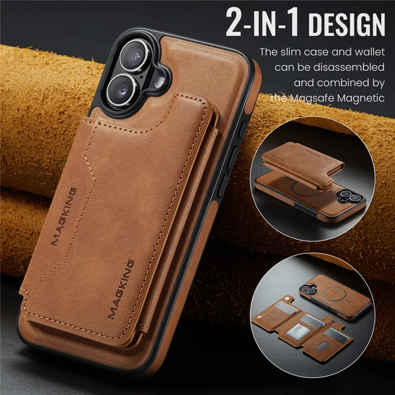 MAGKING K3 Serie Hülle für iPhone 16 Plus, kompatibel mit MagSafe Wallet, PC + TPU + PU Handyhülle - Braun
