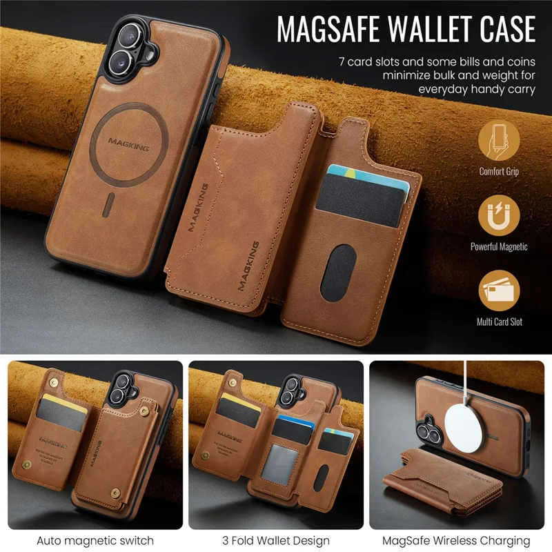 MAGKING K3 Serie Hülle für iPhone 16 Plus, kompatibel mit MagSafe Wallet, PC + TPU + PU Handyhülle - Braun