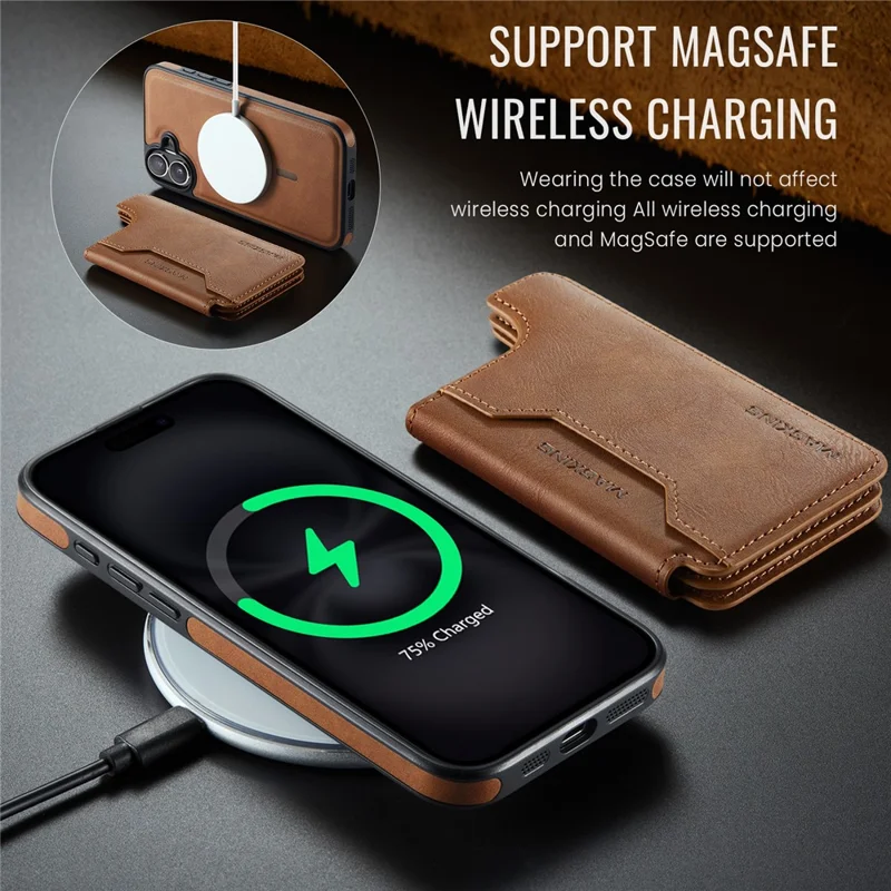 MAGKING K3 Serie Hülle für iPhone 16 Plus, kompatibel mit MagSafe Wallet, PC + TPU + PU Handyhülle - Braun
