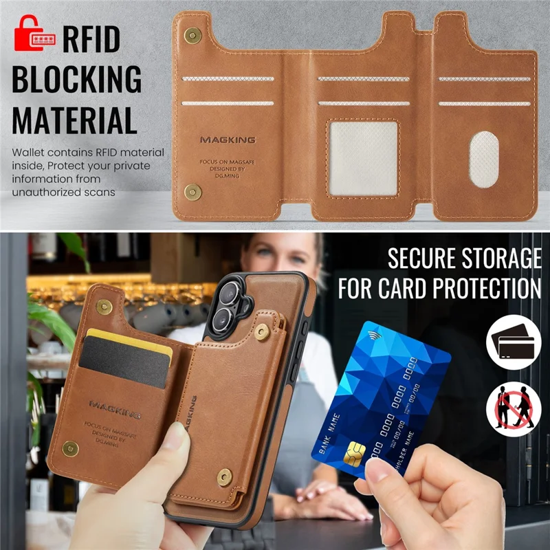 MAGKING K3 Serie Hülle für iPhone 16 Plus, kompatibel mit MagSafe Wallet, PC + TPU + PU Handyhülle - Braun