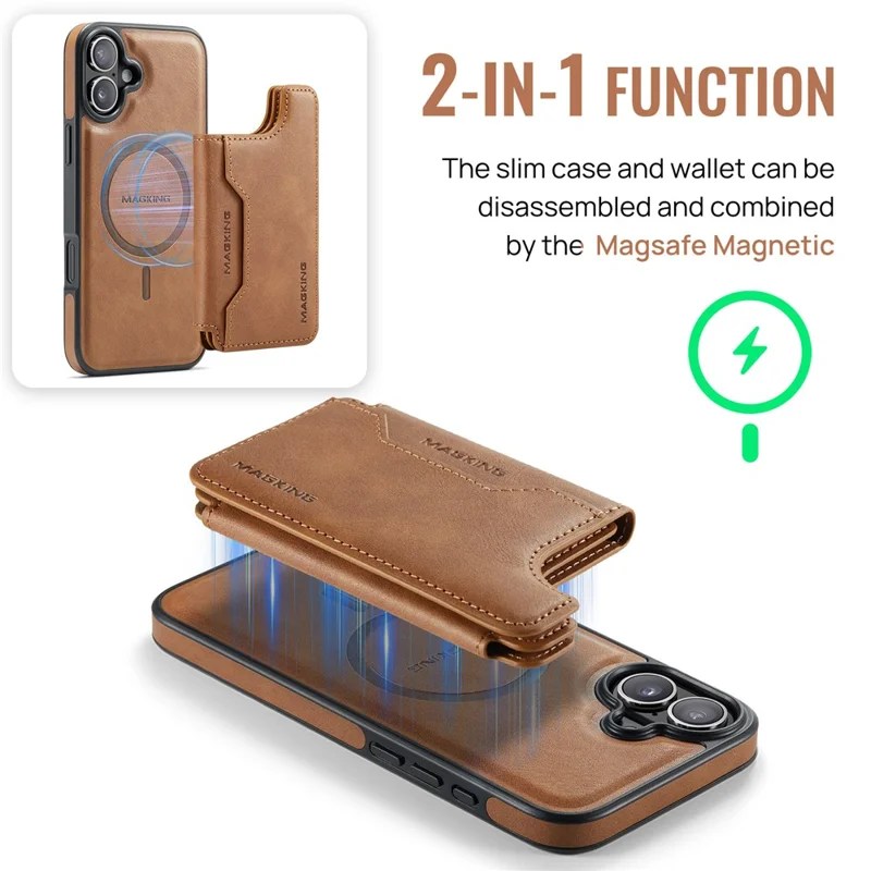 MAGKING K3 Serie Hülle für iPhone 16 Plus, kompatibel mit MagSafe Wallet, PC + TPU + PU Handyhülle - Braun