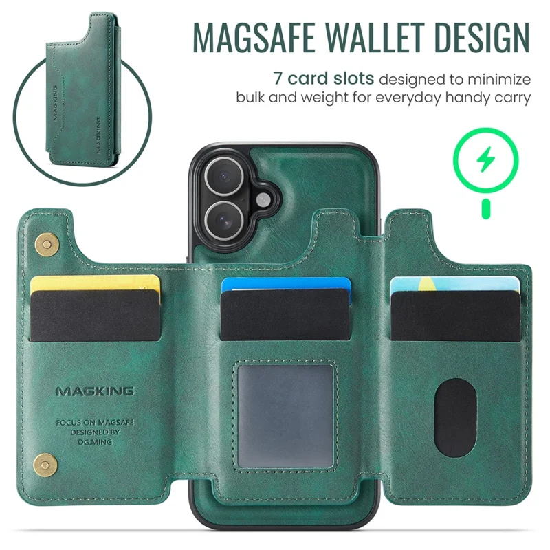 MAGKING K3 Series For iPhone 16 Plus Case Compatible with MagSafe Wallet PC + TPU + PU Phone Cover - Green