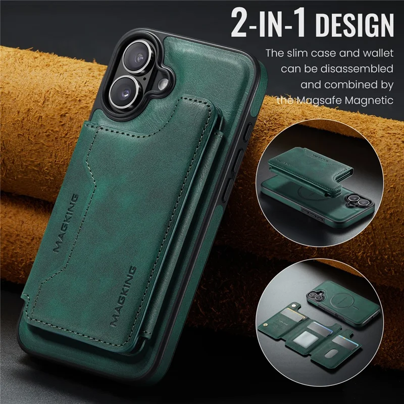 MAGKING K3 Series For iPhone 16 Plus Case Compatible with MagSafe Wallet PC + TPU + PU Phone Cover - Green