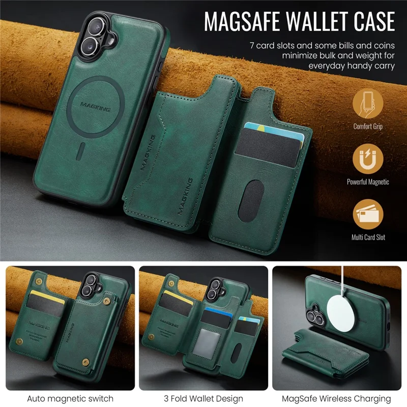 MAGKING K3 Series For iPhone 16 Plus Case Compatible with MagSafe Wallet PC + TPU + PU Phone Cover - Green