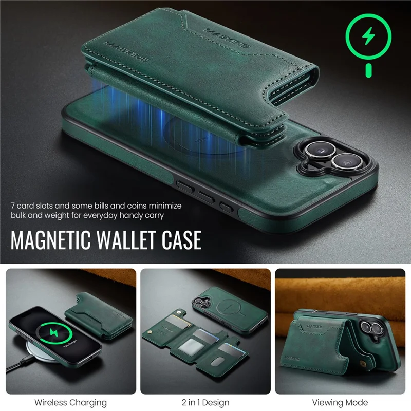 MAGKING K3 Series For iPhone 16 Plus Case Compatible with MagSafe Wallet PC + TPU + PU Phone Cover - Green