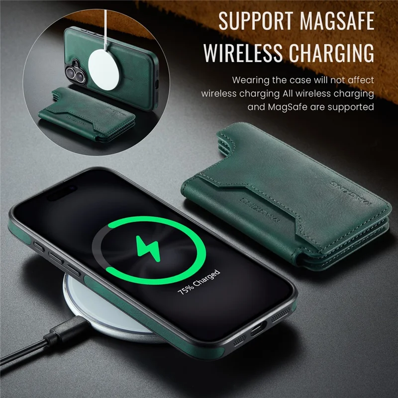 MAGKING K3 Series For iPhone 16 Plus Case Compatible with MagSafe Wallet PC + TPU + PU Phone Cover - Green