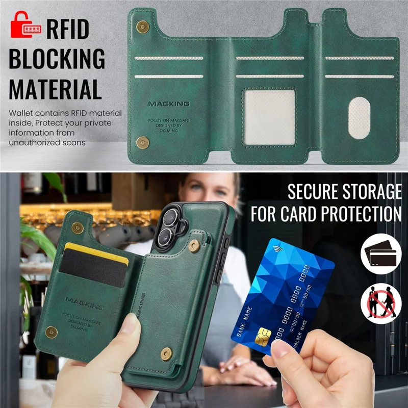MAGKING K3 Series For iPhone 16 Plus Case Compatible with MagSafe Wallet PC + TPU + PU Phone Cover - Green