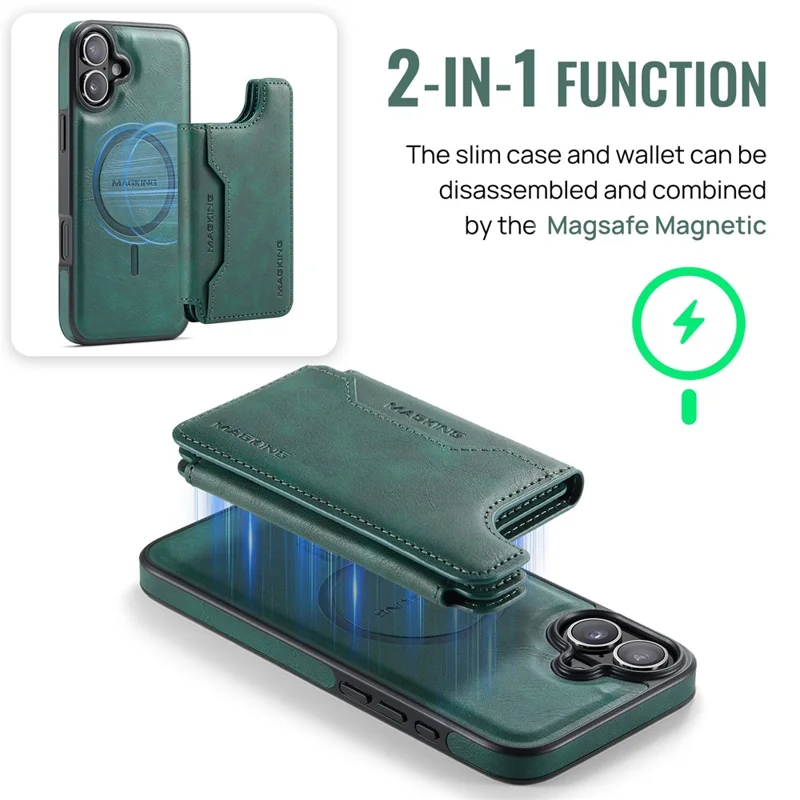 MAGKING K3 Series For iPhone 16 Plus Case Compatible with MagSafe Wallet PC + TPU + PU Phone Cover - Green