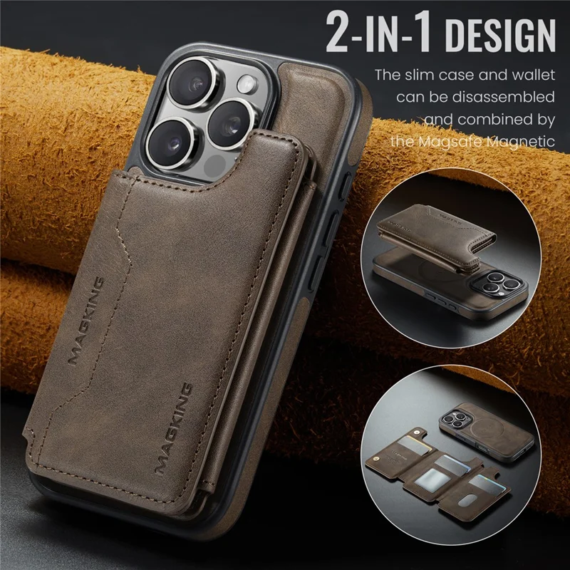 MAGKING K3 Serie für iPhone 16 Pro Hülle kompatibel mit MagSafe Brieftasche PC + TPU + PU Handyhülle - Kaffee