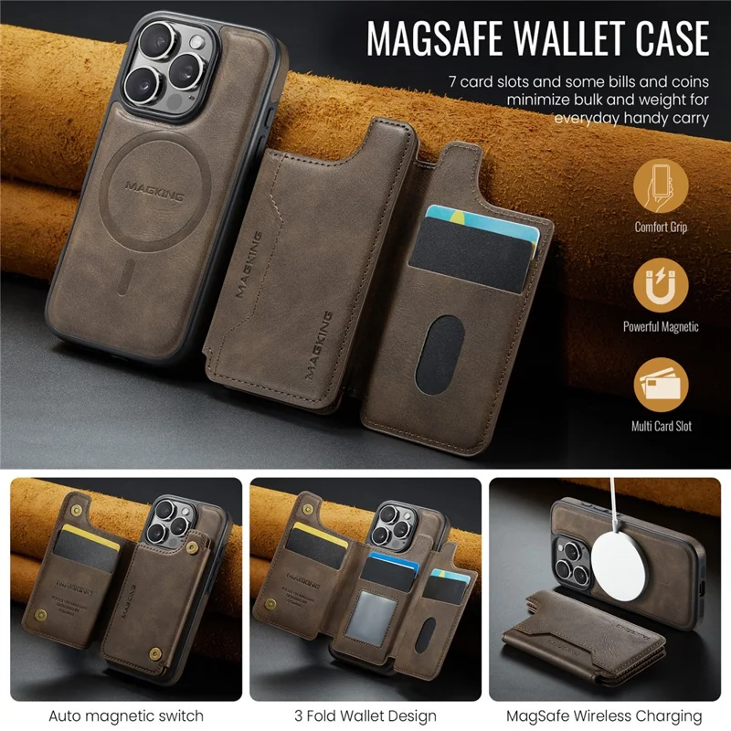 MAGKING K3 Serie für iPhone 16 Pro Hülle kompatibel mit MagSafe Brieftasche PC + TPU + PU Handyhülle - Kaffee