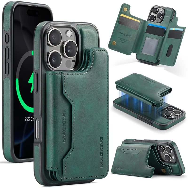 MAGKING K3 Series Étui pour iPhone 16 Pro Max Compatible avec Portefeuille MagSafe - Coque de Téléphone PC + TPU + PU - Vert