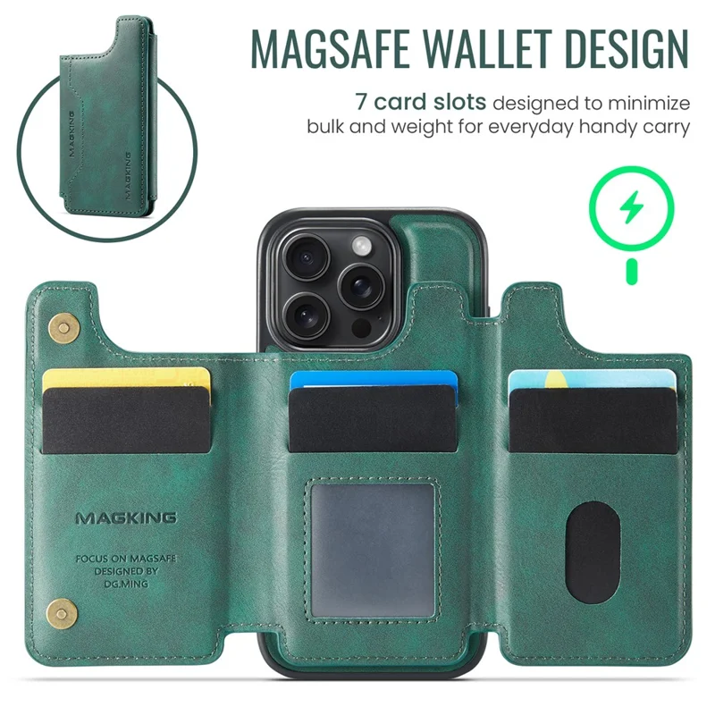 MAGKING K3 Series Étui pour iPhone 16 Pro Max Compatible avec Portefeuille MagSafe - Coque de Téléphone PC + TPU + PU - Vert