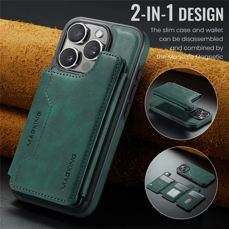 MAGKING K3 Series Étui pour iPhone 16 Pro Max Compatible avec Portefeuille MagSafe - Coque de Téléphone PC + TPU + PU - Vert