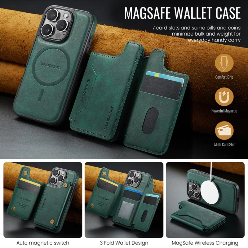 MAGKING K3 Series Étui pour iPhone 16 Pro Max Compatible avec Portefeuille MagSafe - Coque de Téléphone PC + TPU + PU - Vert
