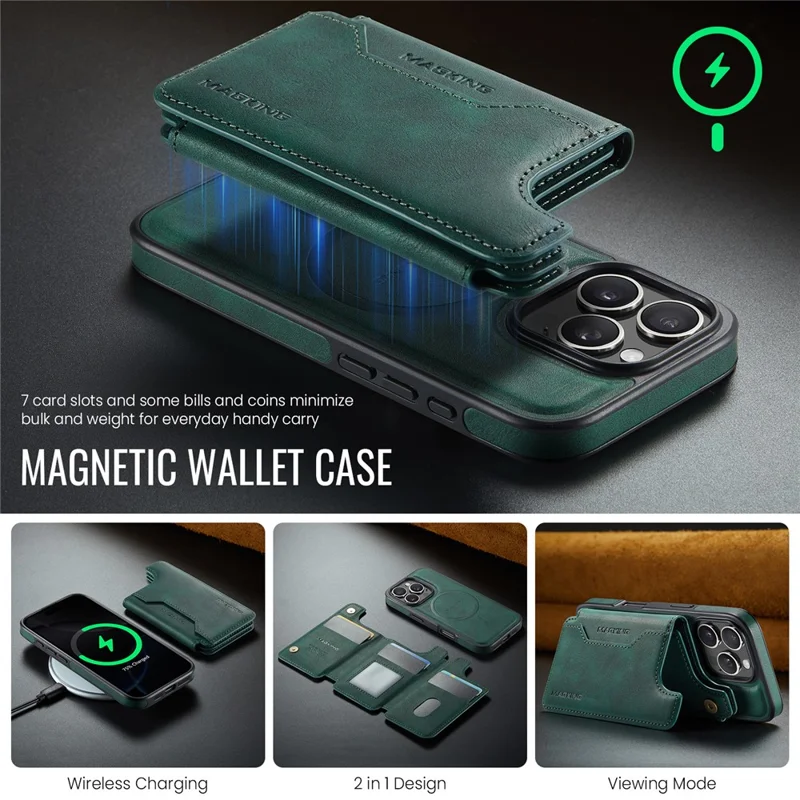 MAGKING K3 Series Étui pour iPhone 16 Pro Max Compatible avec Portefeuille MagSafe - Coque de Téléphone PC + TPU + PU - Vert