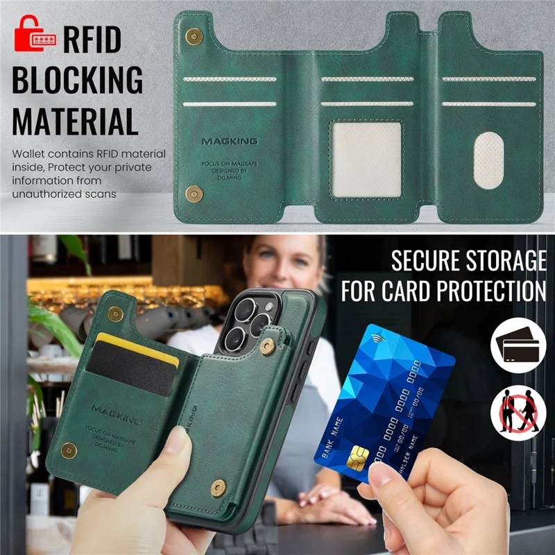 MAGKING K3 Series Étui pour iPhone 16 Pro Max Compatible avec Portefeuille MagSafe - Coque de Téléphone PC + TPU + PU - Vert