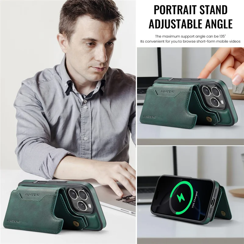 MAGKING K3 Series Étui pour iPhone 16 Pro Max Compatible avec Portefeuille MagSafe - Coque de Téléphone PC + TPU + PU - Vert