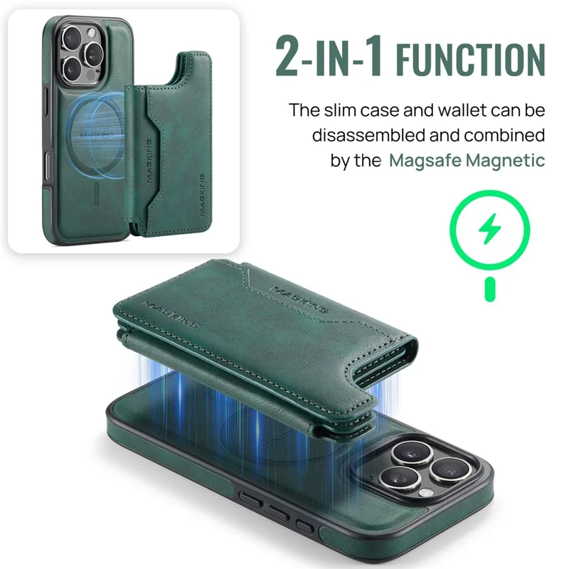 MAGKING K3 Series Étui pour iPhone 16 Pro Max Compatible avec Portefeuille MagSafe - Coque de Téléphone PC + TPU + PU - Vert