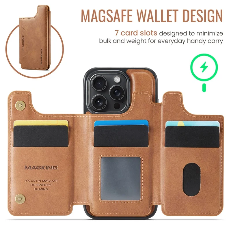 MAGKING K3 Series For iPhone 16 Pro Max Case Compatible with MagSafe Wallet PC + TPU + PU Phone Cover - Brown