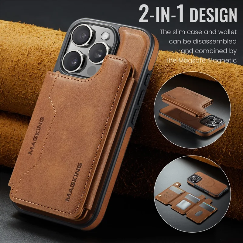 MAGKING K3 Series For iPhone 16 Pro Max Case Compatible with MagSafe Wallet PC + TPU + PU Phone Cover - Brown