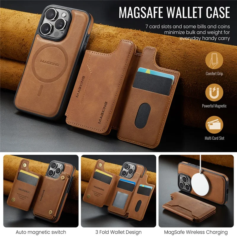 MAGKING K3 Series For iPhone 16 Pro Max Case Compatible with MagSafe Wallet PC + TPU + PU Phone Cover - Brown