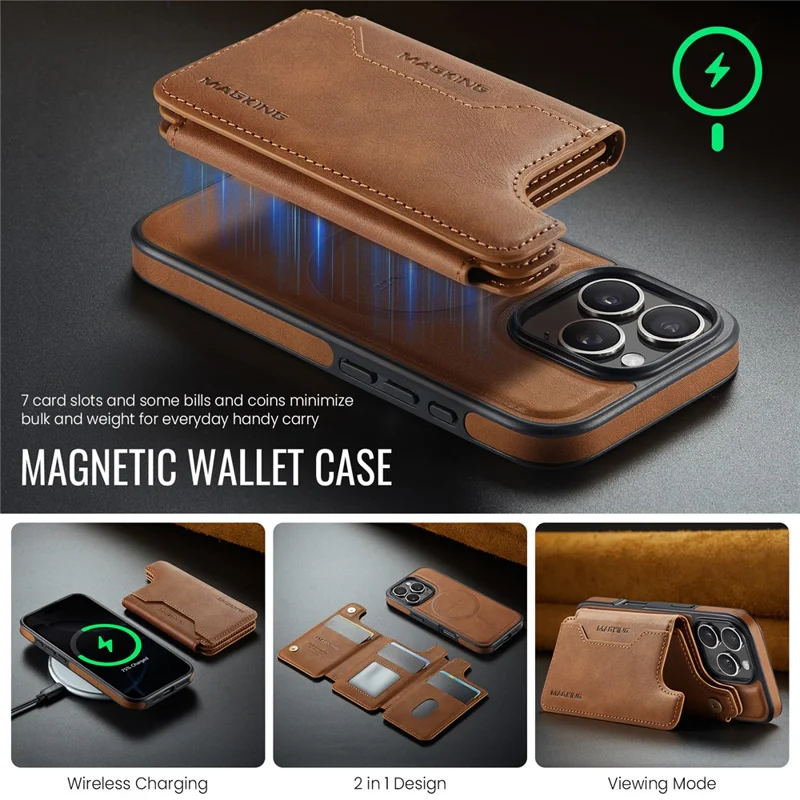 MAGKING K3 Series For iPhone 16 Pro Max Case Compatible with MagSafe Wallet PC + TPU + PU Phone Cover - Brown