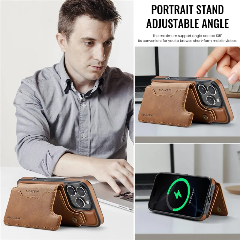 MAGKING K3 Series For iPhone 16 Pro Max Case Compatible with MagSafe Wallet PC + TPU + PU Phone Cover - Brown
