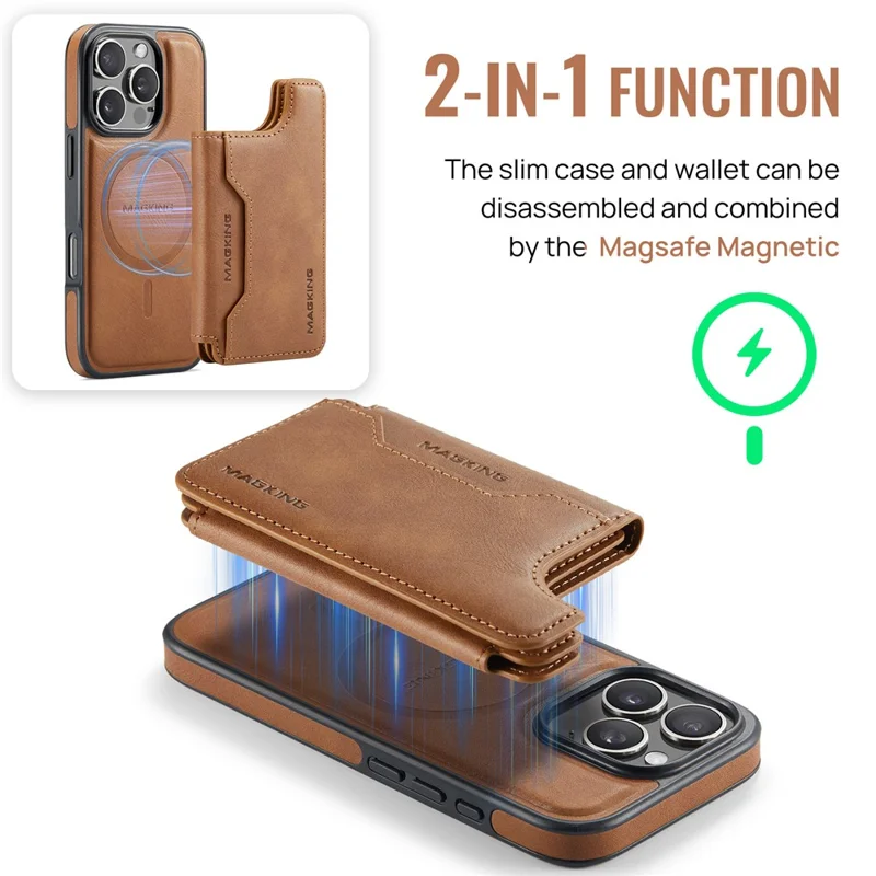 MAGKING K3 Series For iPhone 16 Pro Max Case Compatible with MagSafe Wallet PC + TPU + PU Phone Cover - Brown