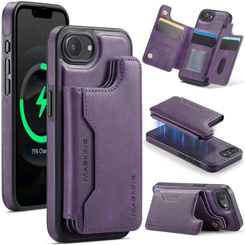 MAGKING K3 Series For iPhone 16e Case Compatible with MagSafe Wallet PC + TPU + PU Phone Cover - Purple
