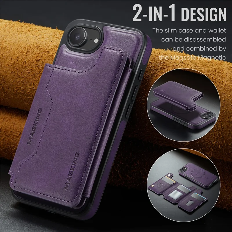 MAGKING K3 Series For iPhone 16e Case Compatible with MagSafe Wallet PC + TPU + PU Phone Cover - Purple