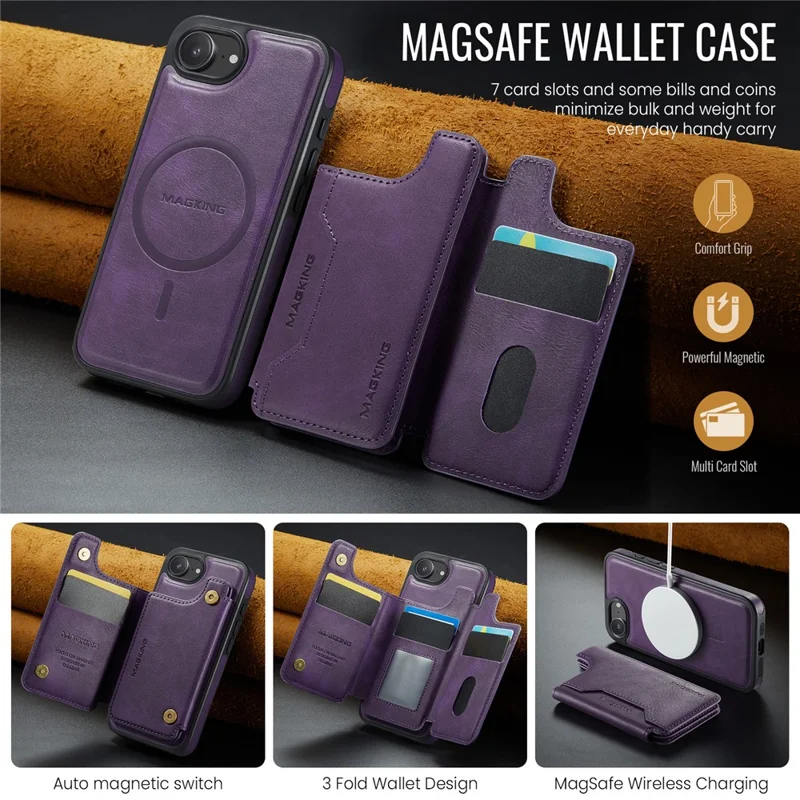 MAGKING K3 Series For iPhone 16e Case Compatible with MagSafe Wallet PC + TPU + PU Phone Cover - Purple