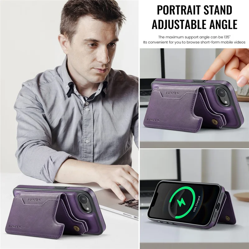 MAGKING K3 Series For iPhone 16e Case Compatible with MagSafe Wallet PC + TPU + PU Phone Cover - Purple