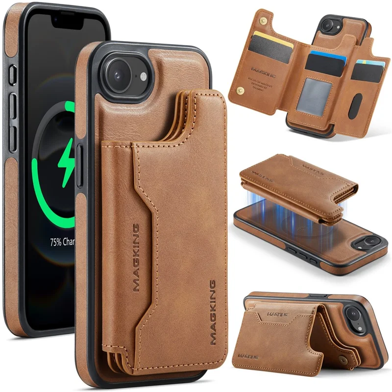 MAGKING K3 Series For iPhone 17e / 16e Case Compatible with MagSafe Wallet PC + TPU + PU Phone Cover - Brown
