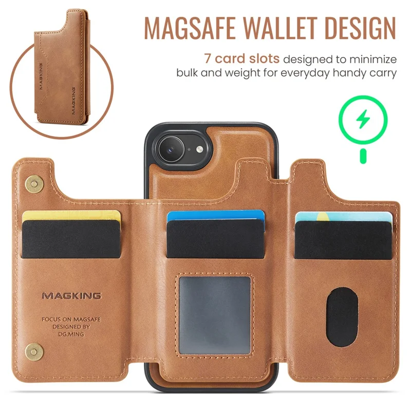 MAGKING K3 Series For iPhone 17e / 16e Case Compatible with MagSafe Wallet PC + TPU + PU Phone Cover - Brown
